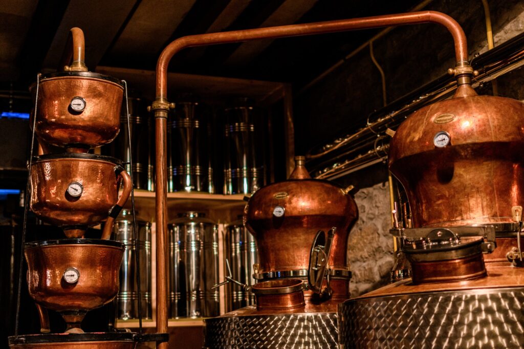 Copper equipment in a distillery for alcohol and liquor distillation.