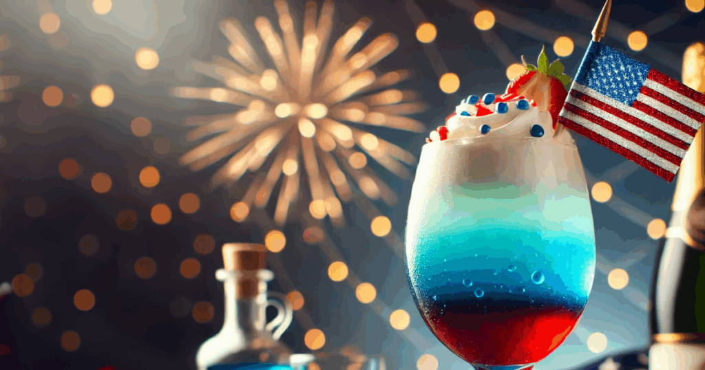 Patriotic Red, White, and Blue Cocktail with American Flag and Fireworks to honor and celebrate the Fourth Of July.