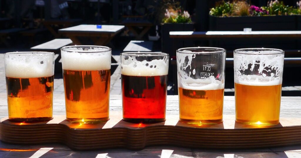 Craft beer flight with five different beer styles in Kansas City at Pina Wine & Spirits