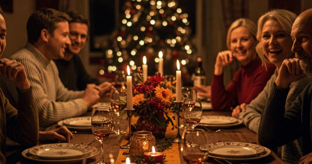 Holiday hosting dinner table with friends gathered around candles, wine glasses, and festive décor during a Christmas party in Kansas City.