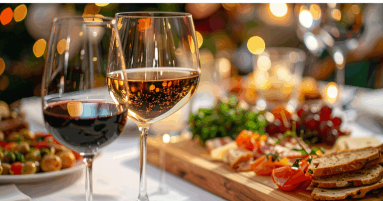 Red and white wine glasses with a charcuterie board on a holiday dinner table, representing last-minute wine pairings for dinner parties.