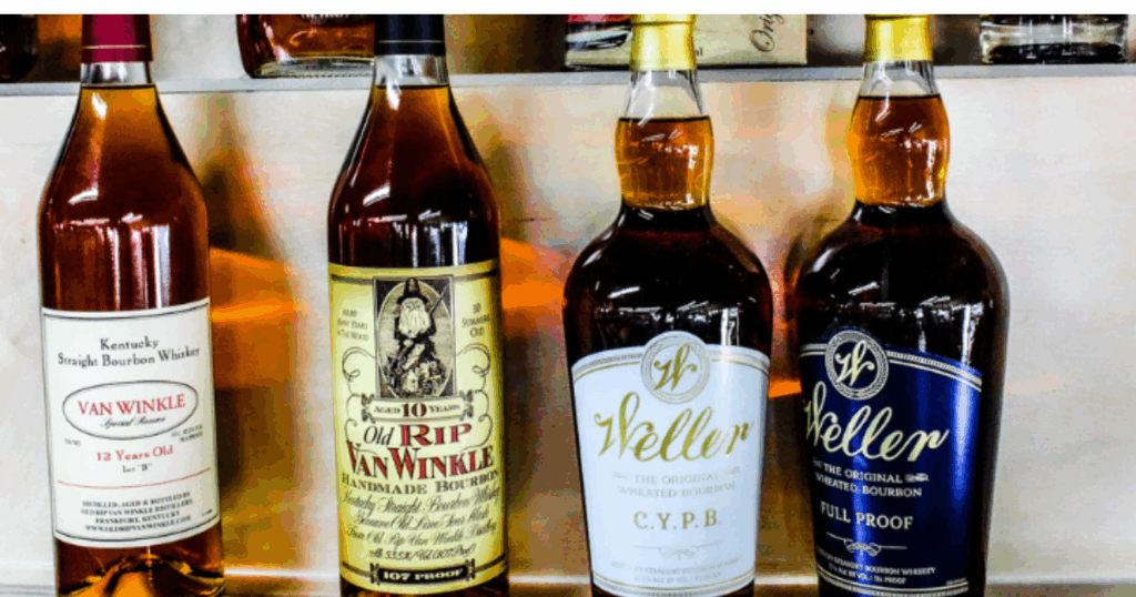 Van Winkle and Weller allocated bourbon bottles displayed at Pina Wine and Spirits in Kansas City for Inner Circle Members.