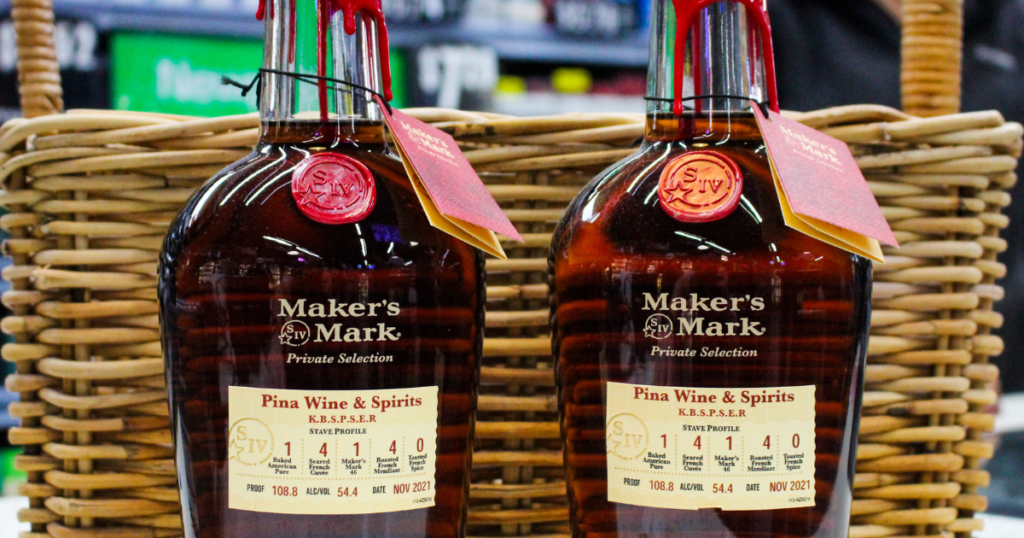 Maker’s Mark Private Selection bottles curated exclusively for Pina Wine and Spirits, featuring hand selected staves and premium bourbon craftsmanship.