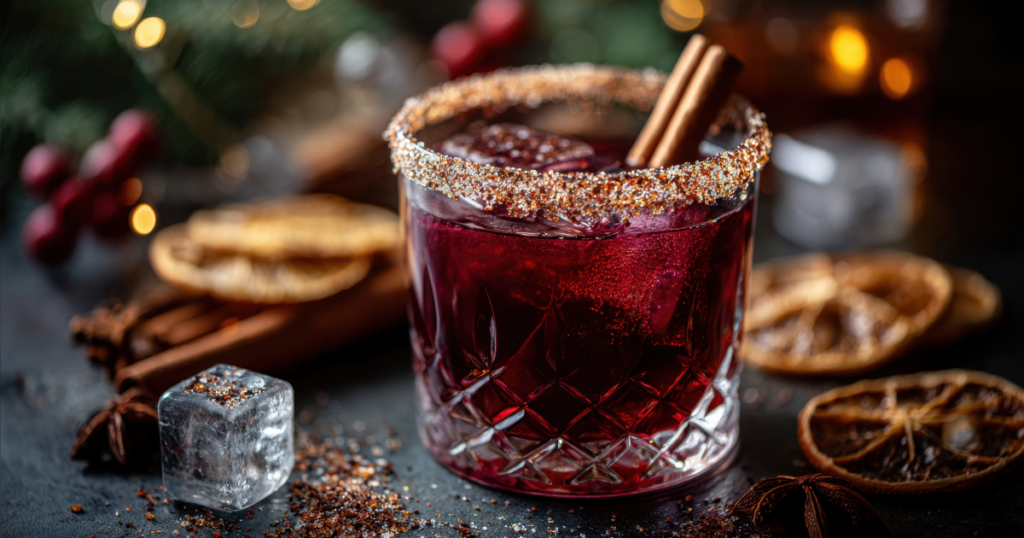 Winter cocktail with deep red color, sugared rim and cinnamon garnish, highlighting a festive cold weather drink made with whiskey or seasonal spirits.