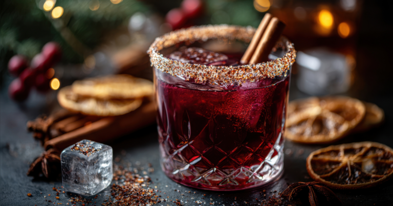 Winter cocktail with deep red color, sugared rim and cinnamon garnish, highlighting a festive cold weather drink made with whiskey or seasonal spirits.