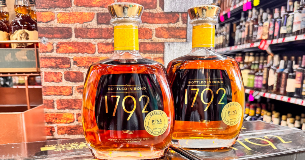 Two 1792 Bottled in Bond bourbon bottles with Pina Barrel Select sticker on display at Pina Wine and Spirits, highlighting rare bourbon finds and allocated bottle access for Pina's Inner Circle members.