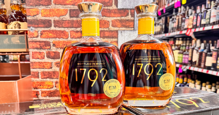 Two 1792 Bottled in Bond bourbon bottles with Pina Barrel Select sticker on display at Pina Wine and Spirits, highlighting rare bourbon finds and allocated bottle access for Pina's Inner Circle members.