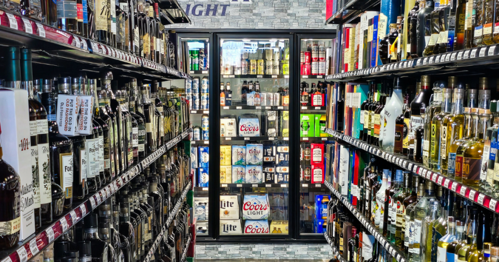 Premium spirits, champagne bottles, vodka, and ready to drink cocktails displayed inside a Missouri liquor store reflecting alcohol trends and consumer drink preferences in 2026.