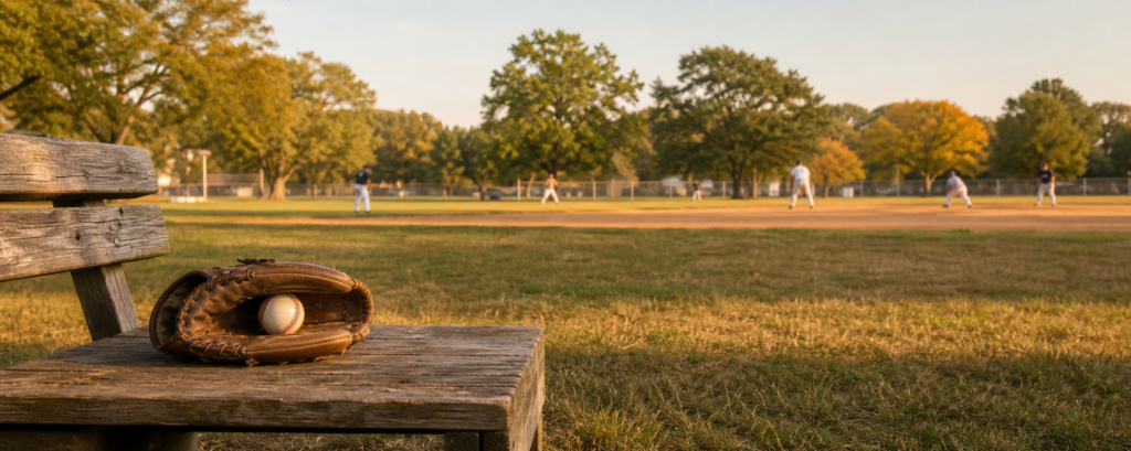 Warm late-August Midwest baseball field with adult players in the distance and a glove and baseball on a rustic bench.
