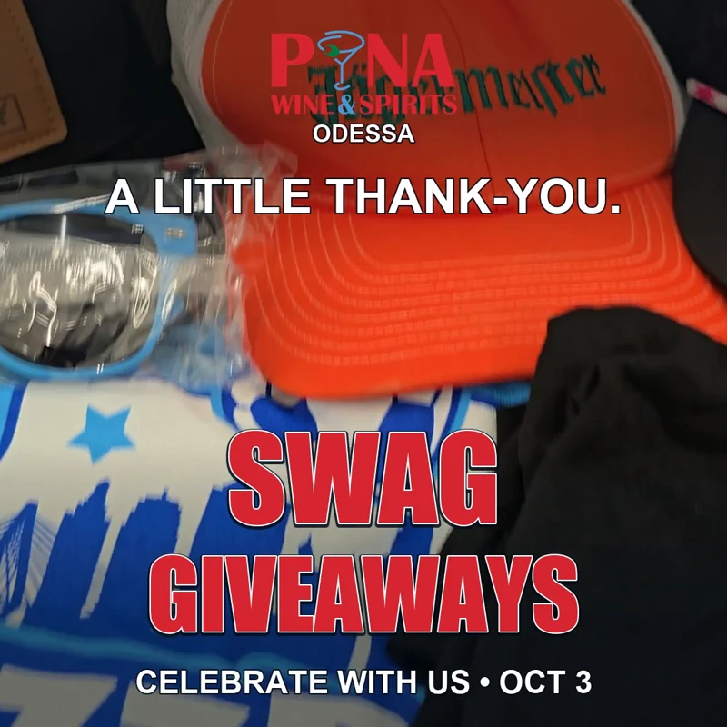 Odessa 2 Year Anniversary Customer Appreciation Day 2026 3 Swag giveaways for Pina Odessa Customer Appreciation Day on October 3.