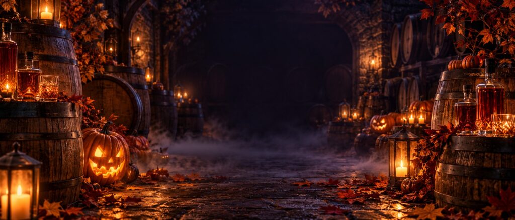 Glowing pumpkins, whiskey barrels and amber bottles in a candlelit Halloween cellar.