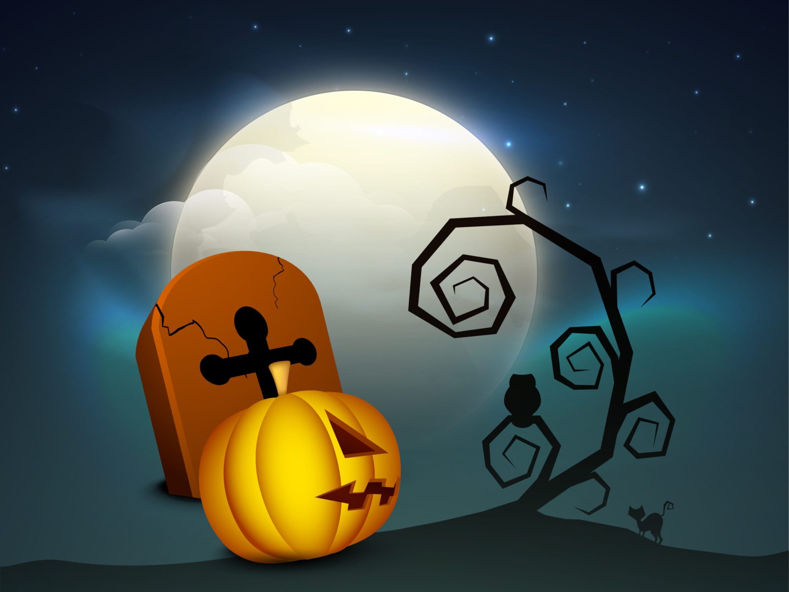 A glowing jack-o’-lantern welcomes you by a gravestone, under a full moon—perfect for family Halloween gatherings and wine nights.